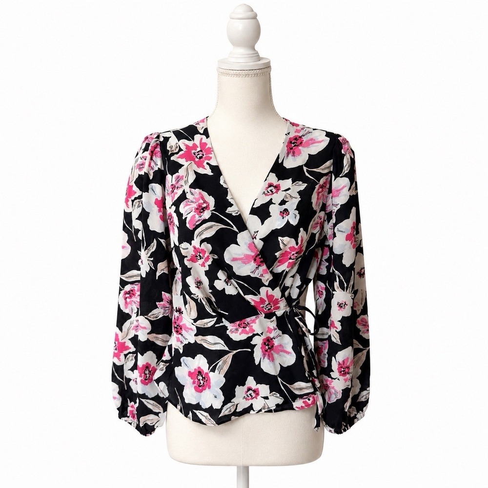 Banana Republic Floral Wrap Blouse Petite XS Navy Pink  Long Sleeve Peplum Top‎